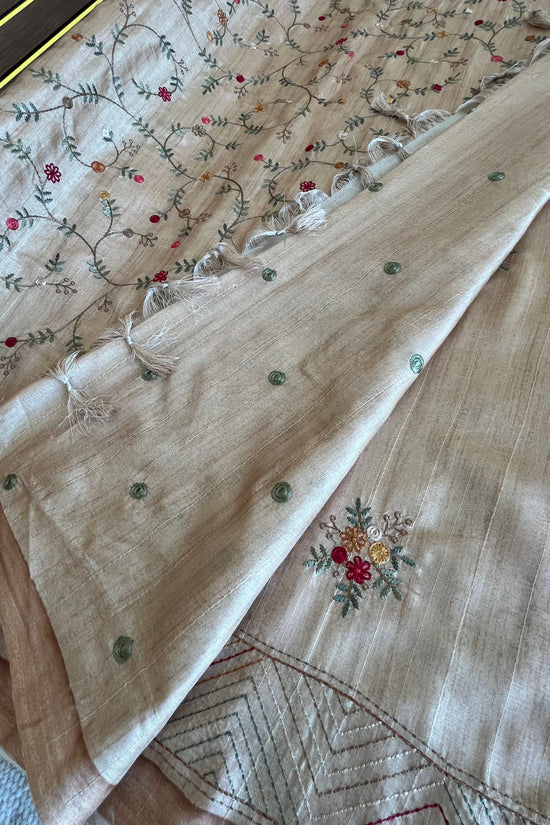 Tussar Saree with Thread Embroidery- Beige