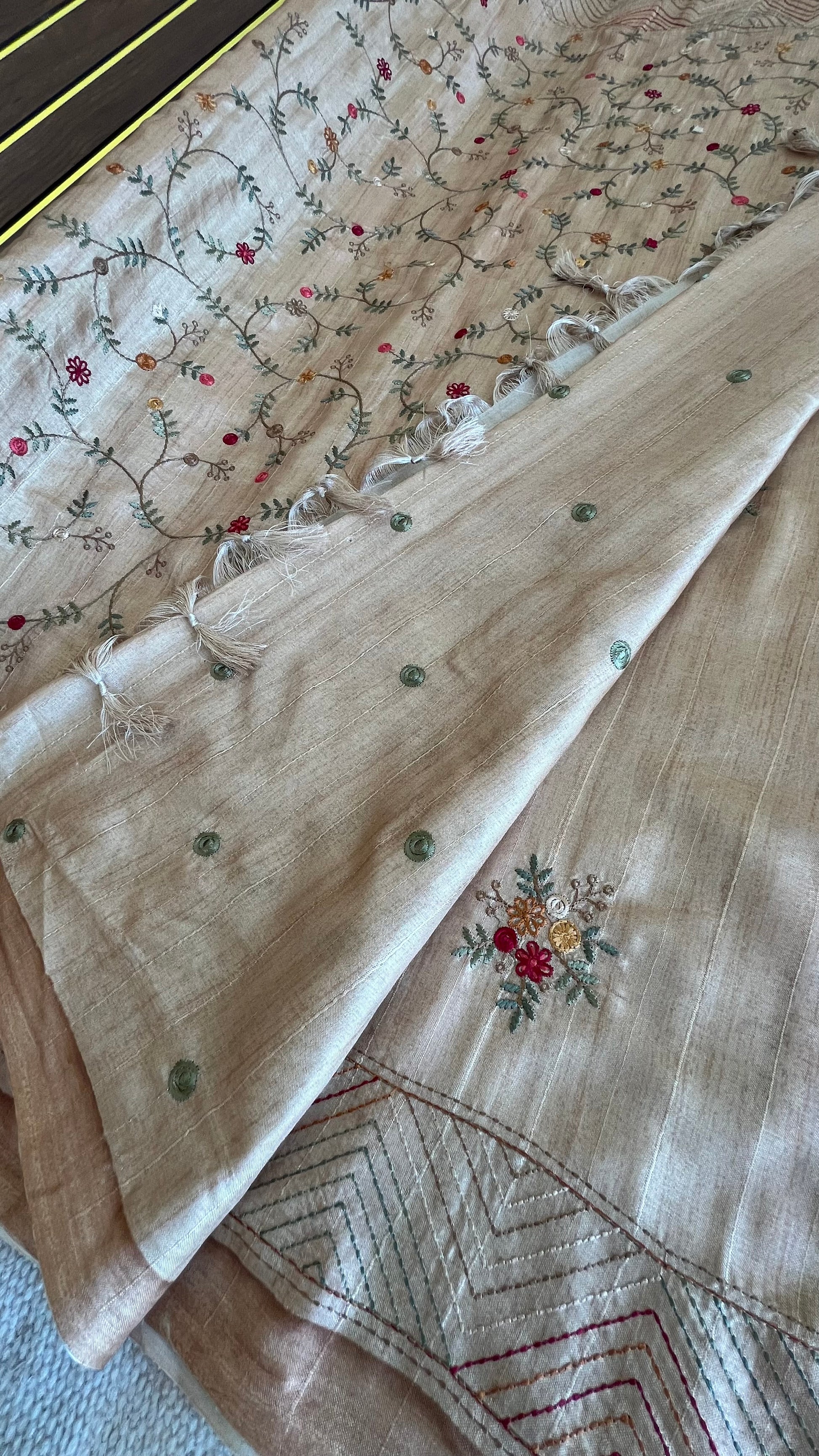 Tussar Saree with Thread Embroidery- Beige