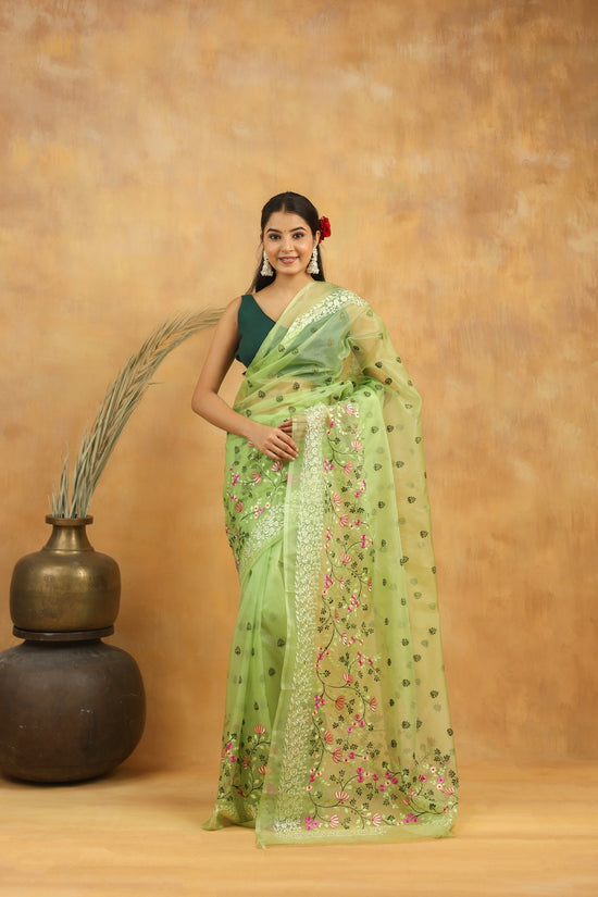 Mint Green Floral Embroidered Organza Saree