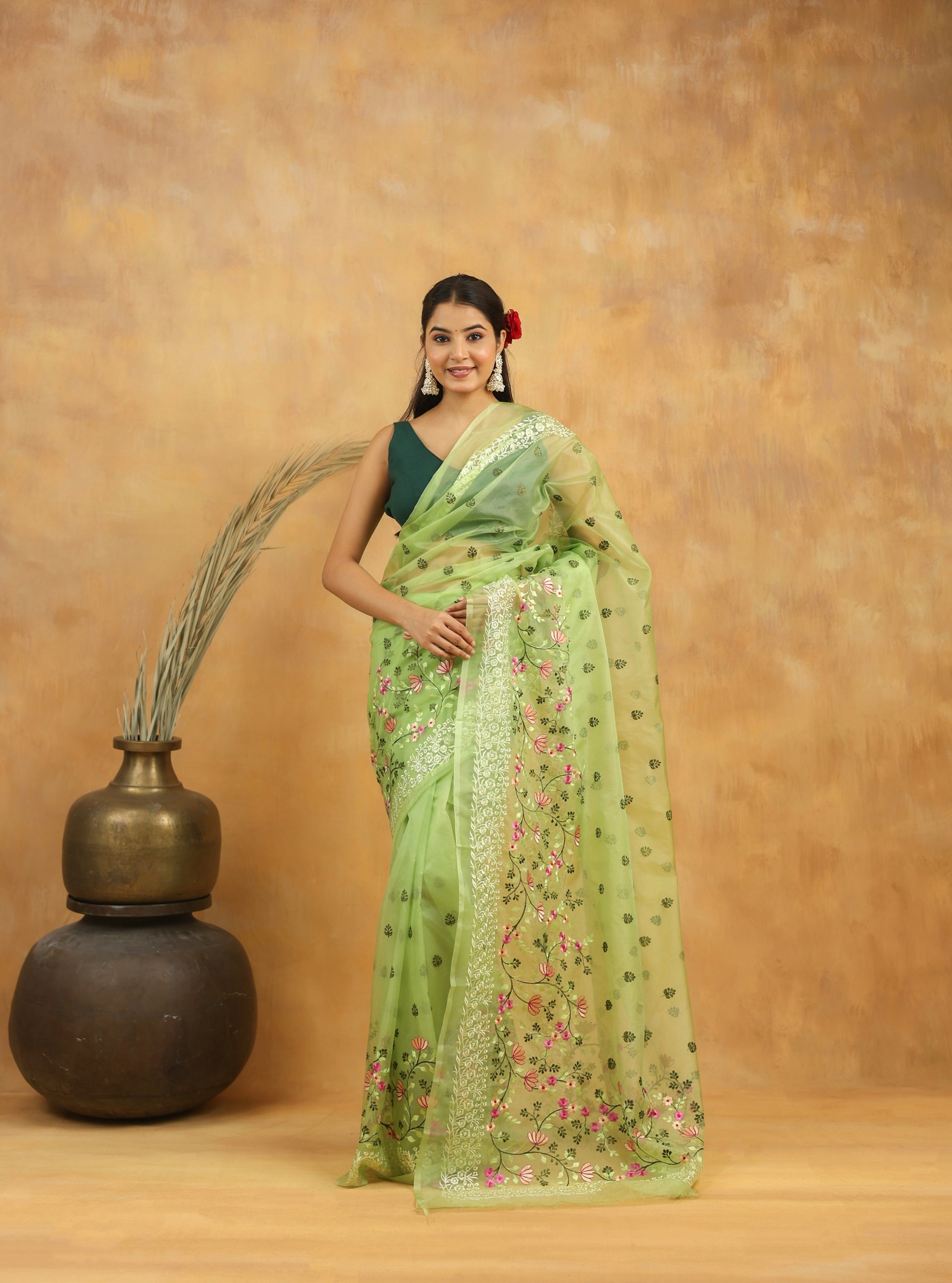 Mint Green Floral Embroidered Organza Saree