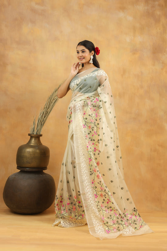 White Blossom Embroidered Organza Saree