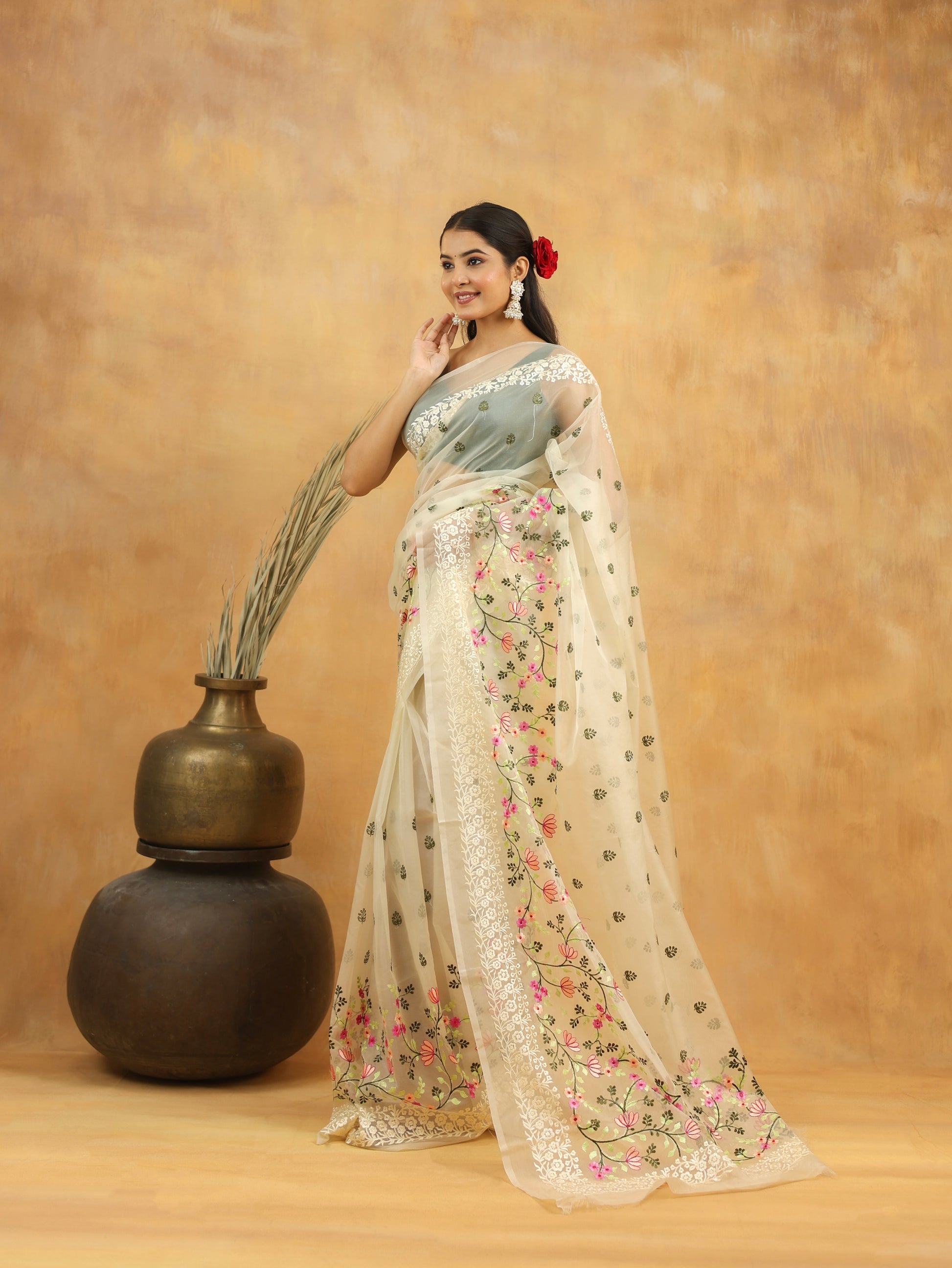 White Blossom Embroidered Organza Saree