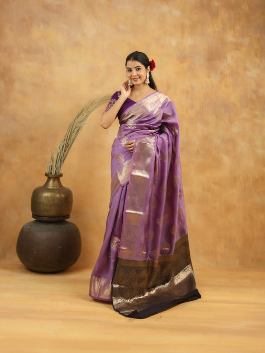 Lavender Purple Pure Tussar Silk Saree with Antique Zari Motifs & Contrast Border