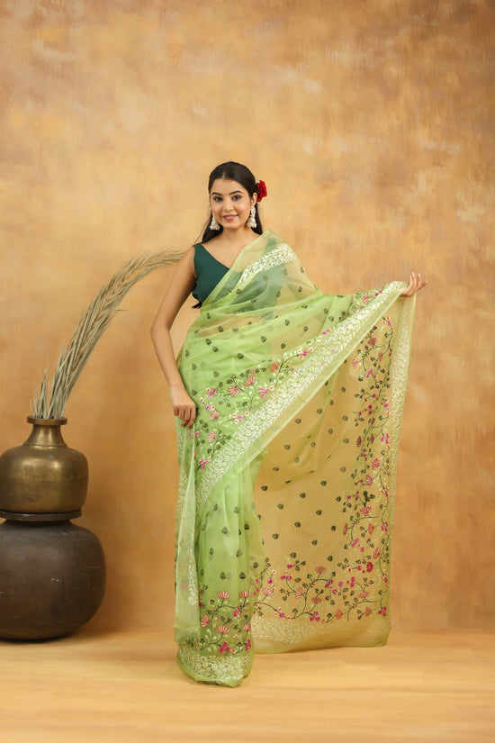 Mint Green Floral Embroidered Organza Saree