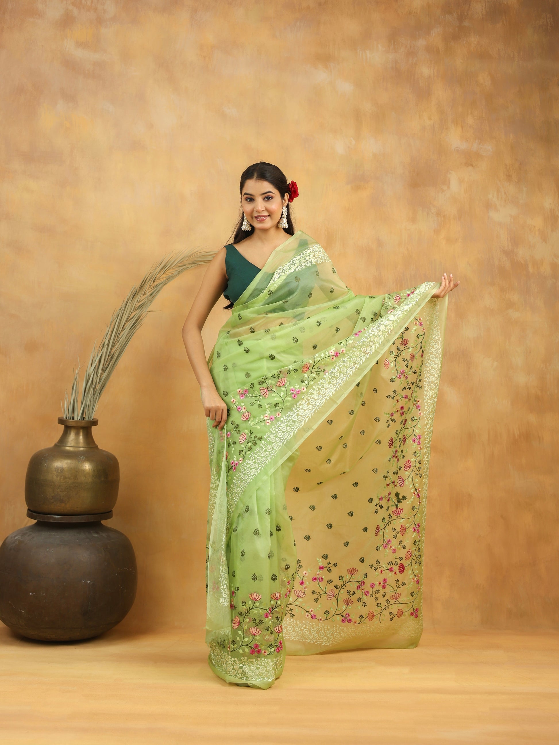 Mint Green Floral Embroidered Organza Saree