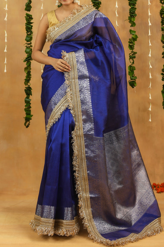 Royal Blue Banarasi Tissue Saree with Silver Zari & Gota Patti Work