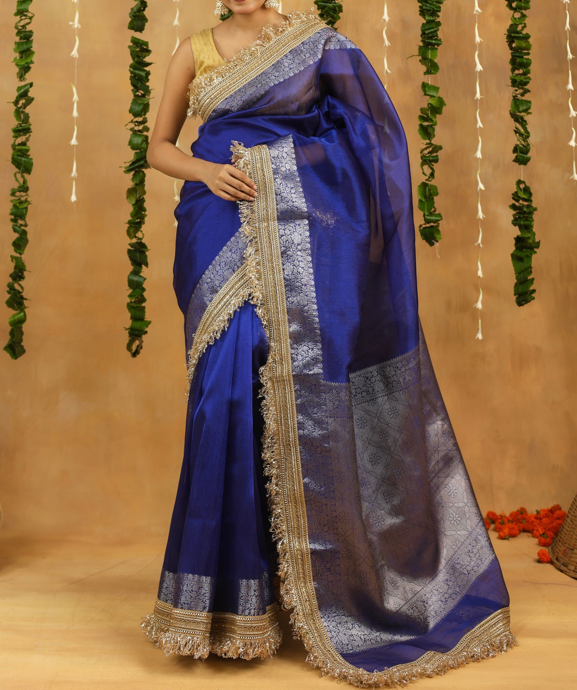 Royal Blue Banarasi Tissue Saree with Silver Zari & Gota Patti Work