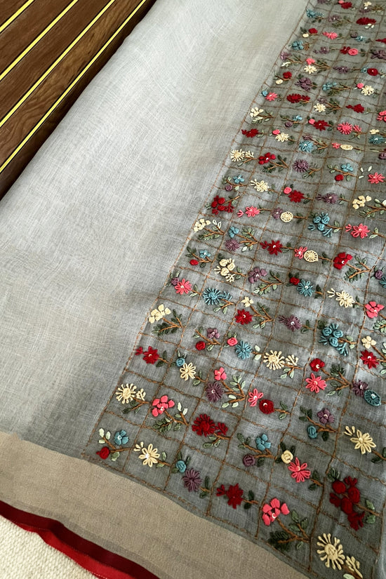 Premium Tissue Linen Saree with Hand Embroidery- grey