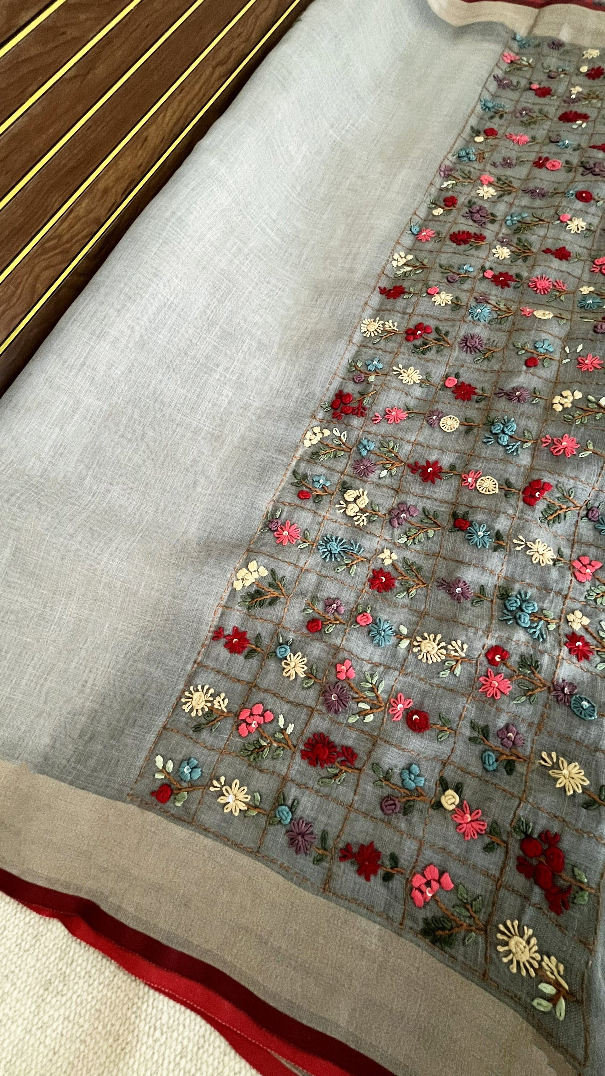 Premium Tissue Linen Saree with Hand Embroidery- grey