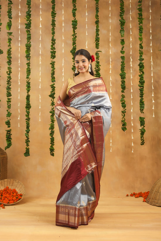 Handwoven Antique Grey Banarasi Raw Mango Silk saree with Antique Wine Zari