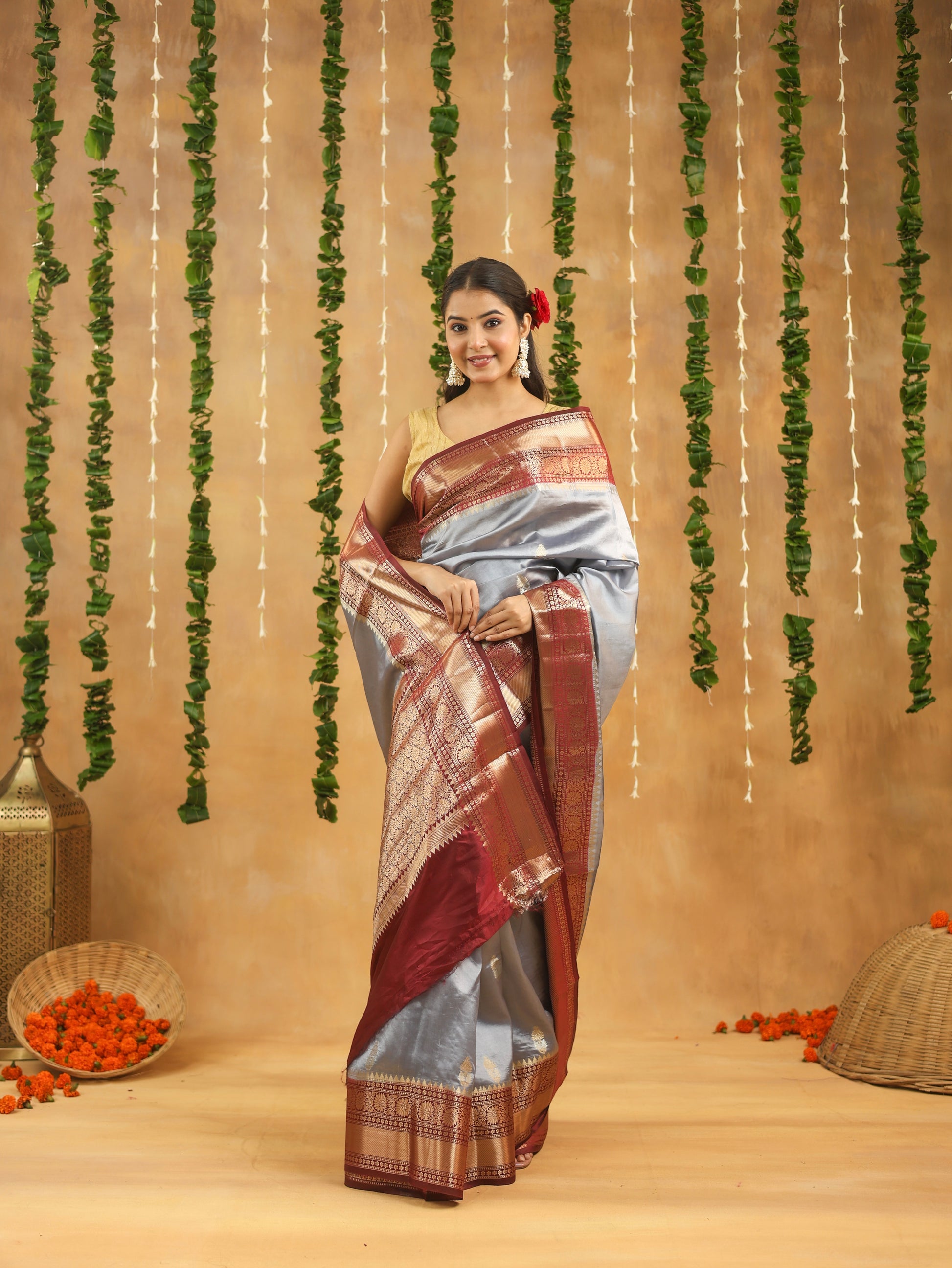Handwoven Antique Grey Banarasi Raw Mango Silk saree with Antique Wine Zari