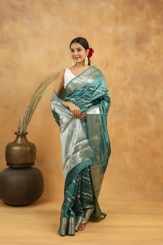 Pure Viscose Silk Saree in Teal Green with Silver Zari Border