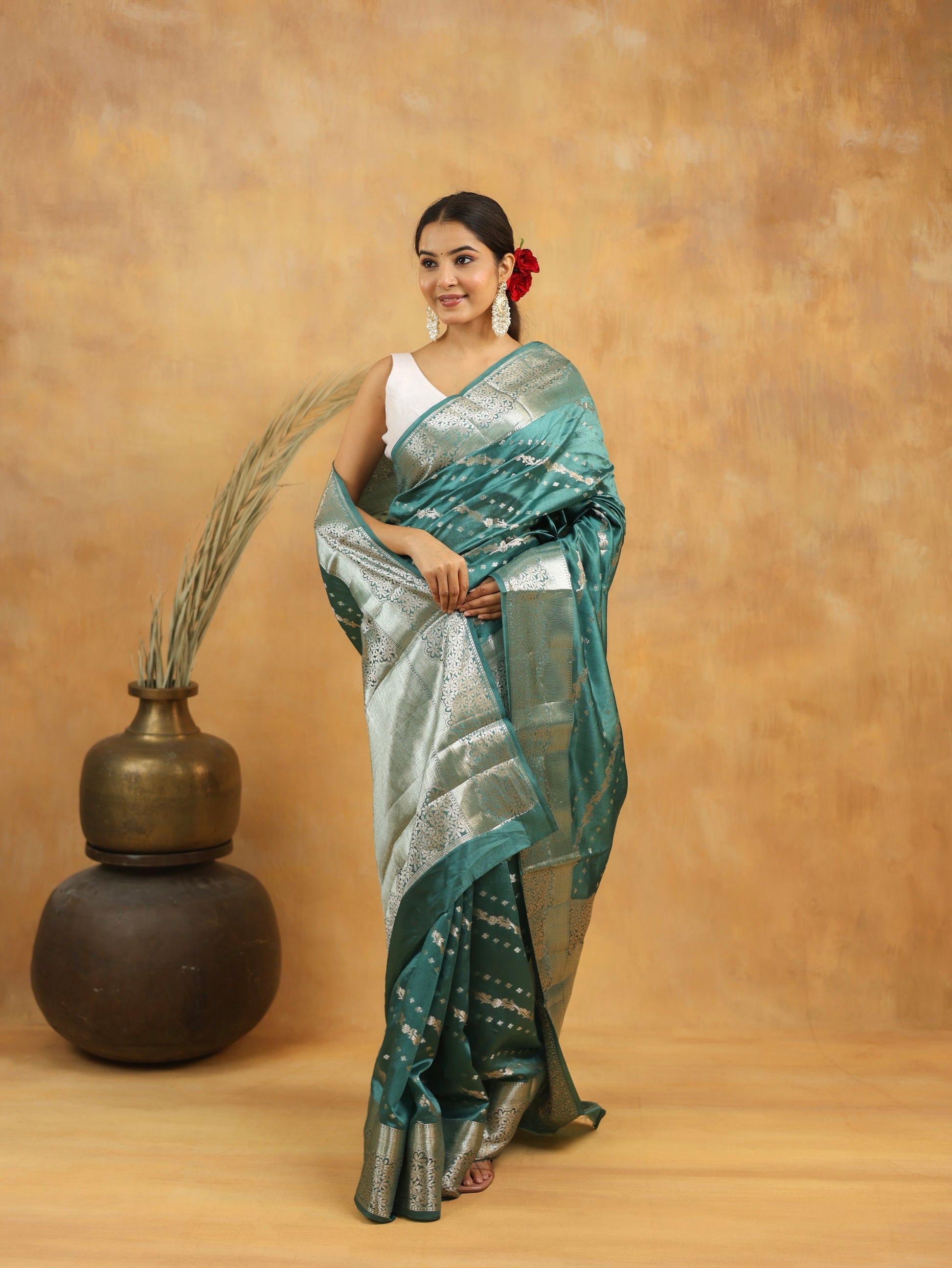 Pure Viscose Silk Saree in Teal Green with Silver Zari Border
