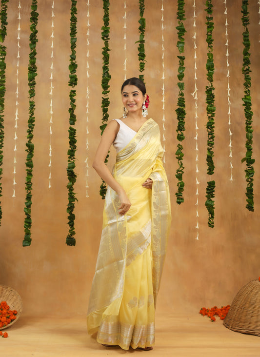 Sunlit Yellow Pure Viscose Silk Saree with Silver Zari Accents