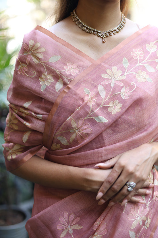 Tissue Linen Saree with Painted Florals & Delicate Aari Work- Blush Pink