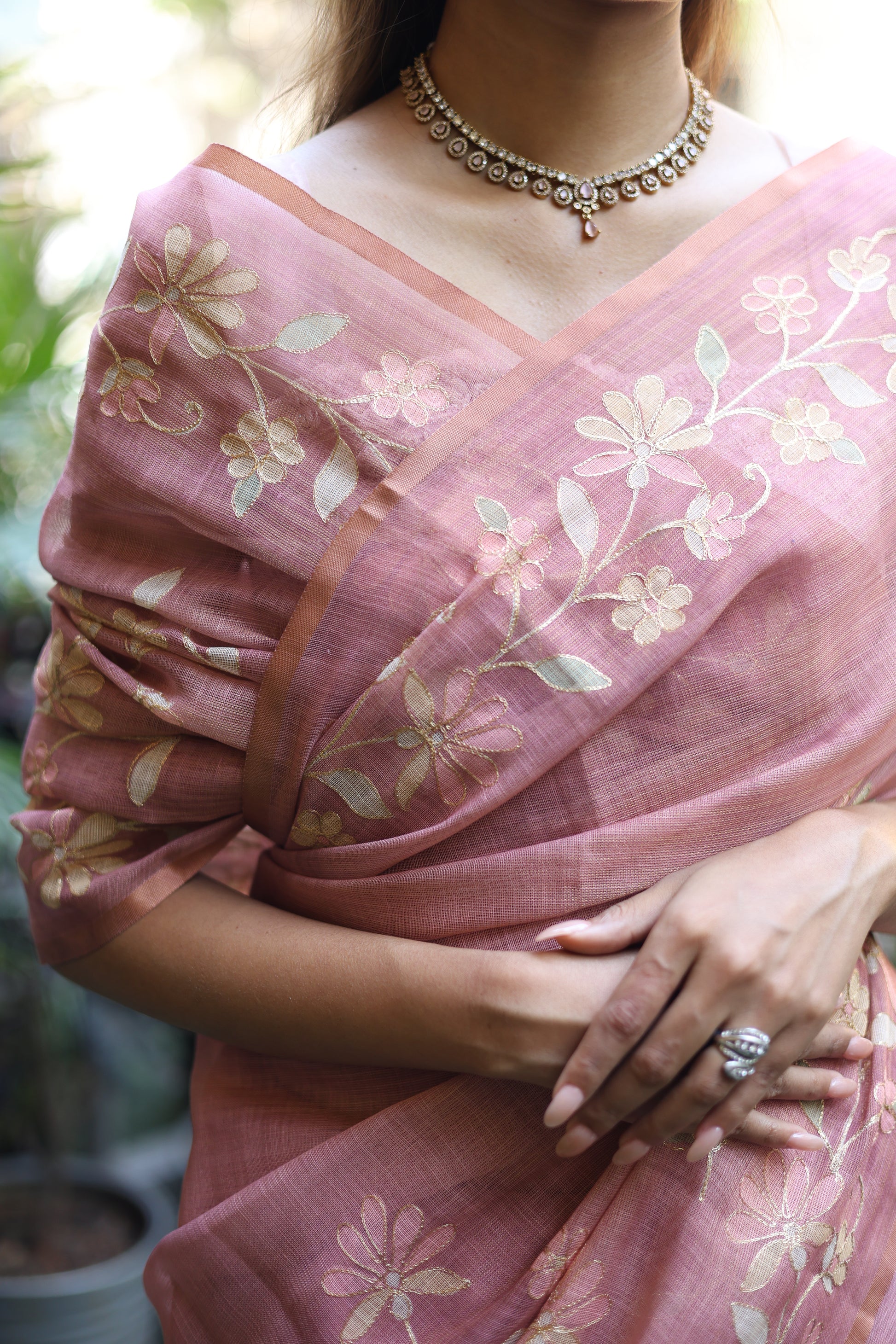 Tissue Linen Saree with Painted Florals & Delicate Aari Work- Blush Pink