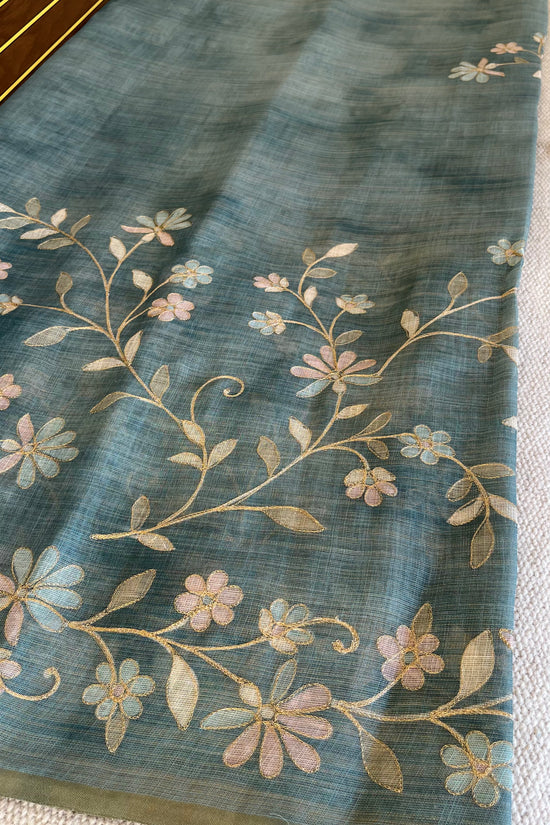 Tissue Linen Saree with Painted Florals & Delicate Aari Work- blue
