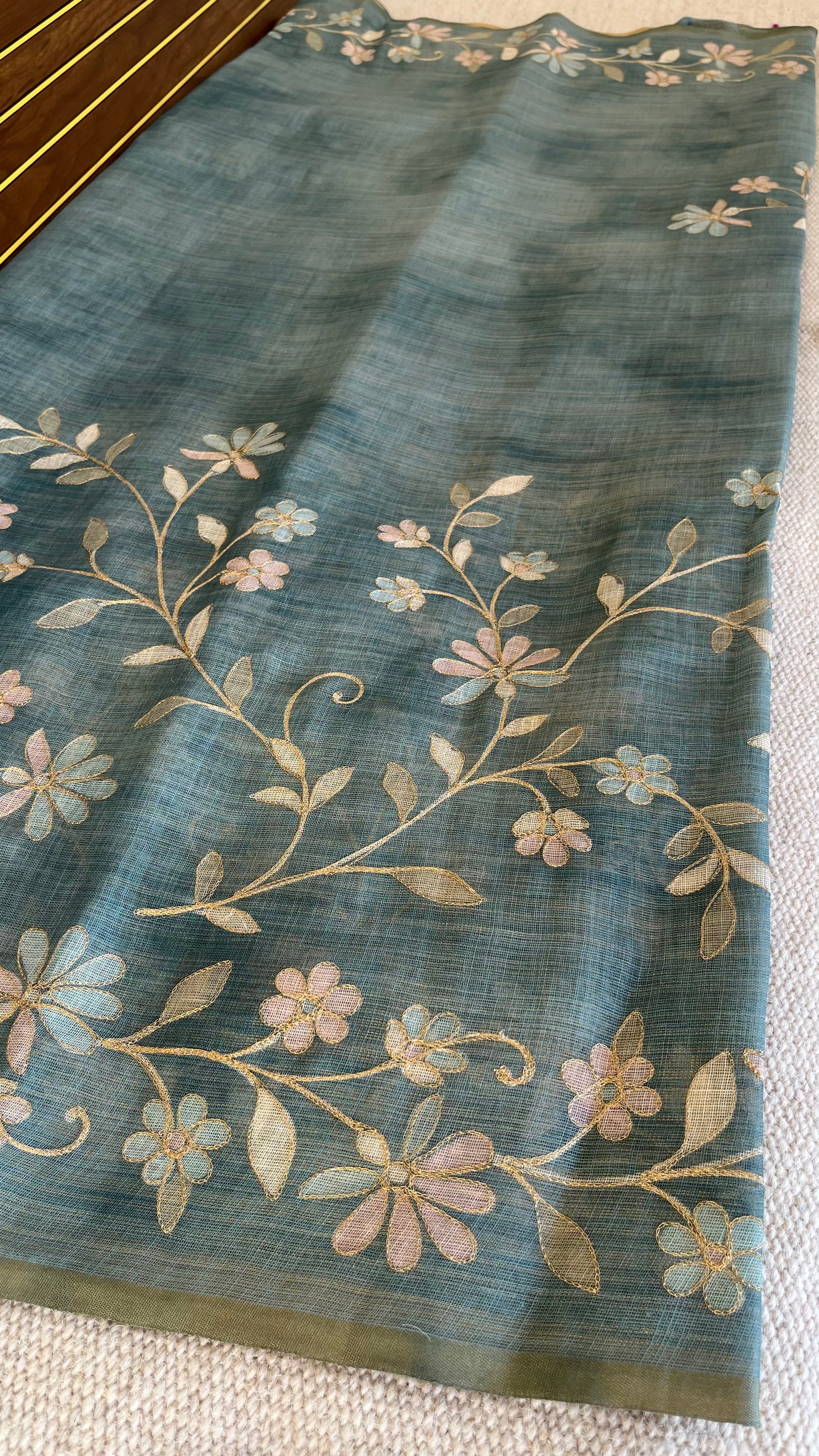 Tissue Linen Saree with Painted Florals & Delicate Aari Work- blue