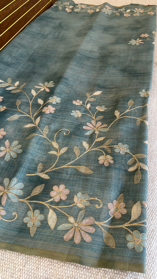 Tissue Linen Saree with Painted Florals & Delicate Aari Work- blue