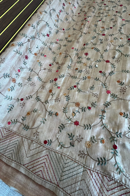 Tussar Saree with Thread Embroidery- Beige