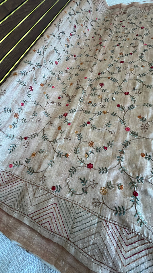 Tussar Saree with Thread Embroidery- Beige