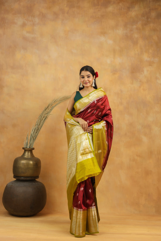 Handwoven Maroon Banarasi Raw Silk Saree with Antique Gold Zari Border