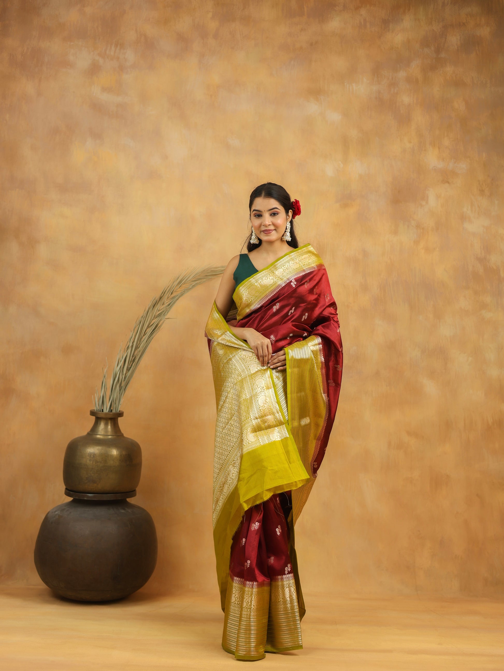 Handwoven Maroon Banarasi Raw Silk Saree with Antique Gold Zari Border