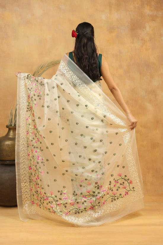 White Blossom Embroidered Organza Saree