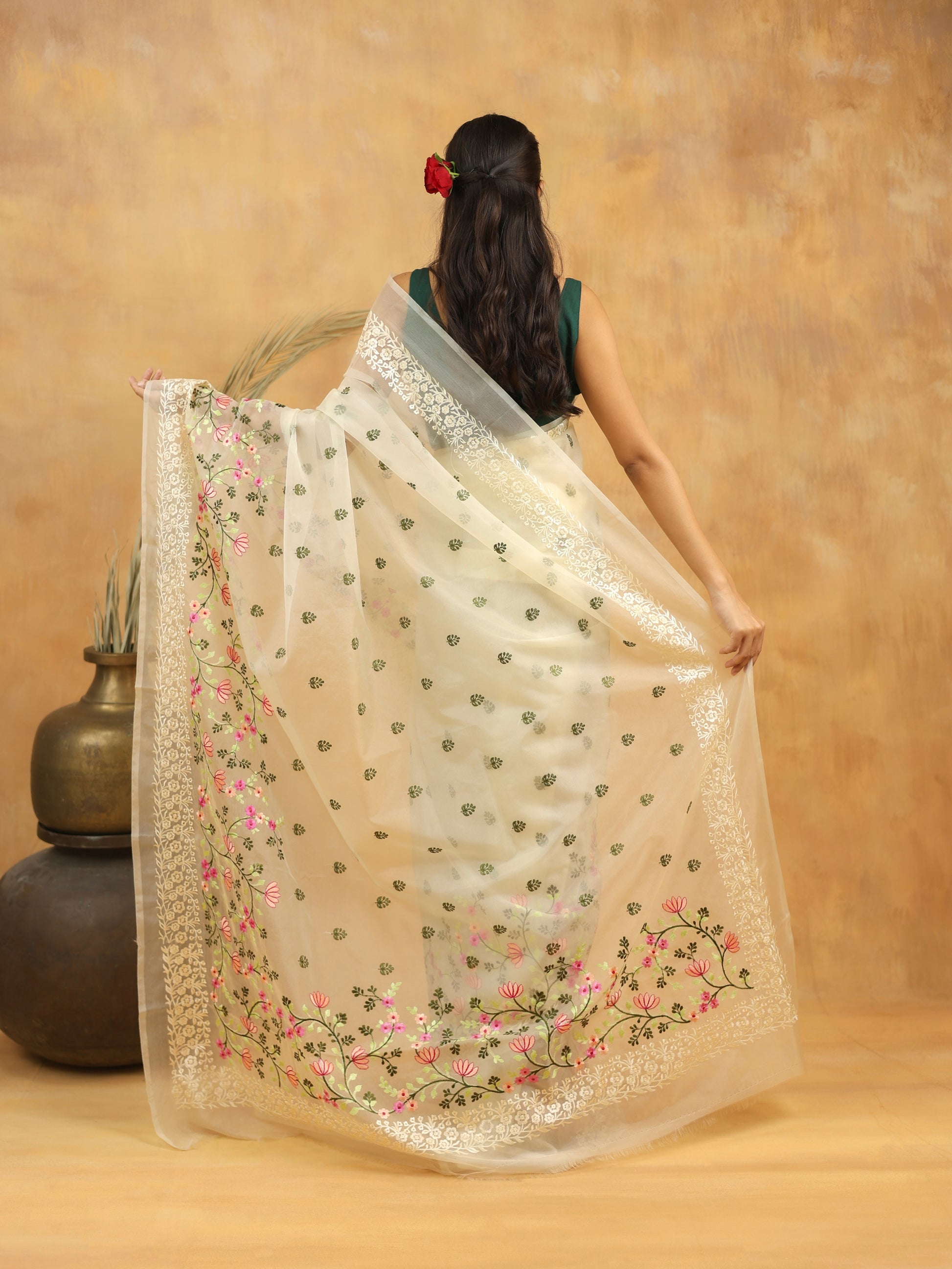 White Blossom Embroidered Organza Saree