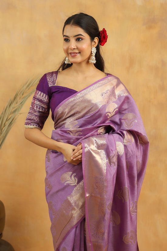 Lavender Purple Pure Tussar Silk Saree with Antique Zari Motifs & Contrast Border