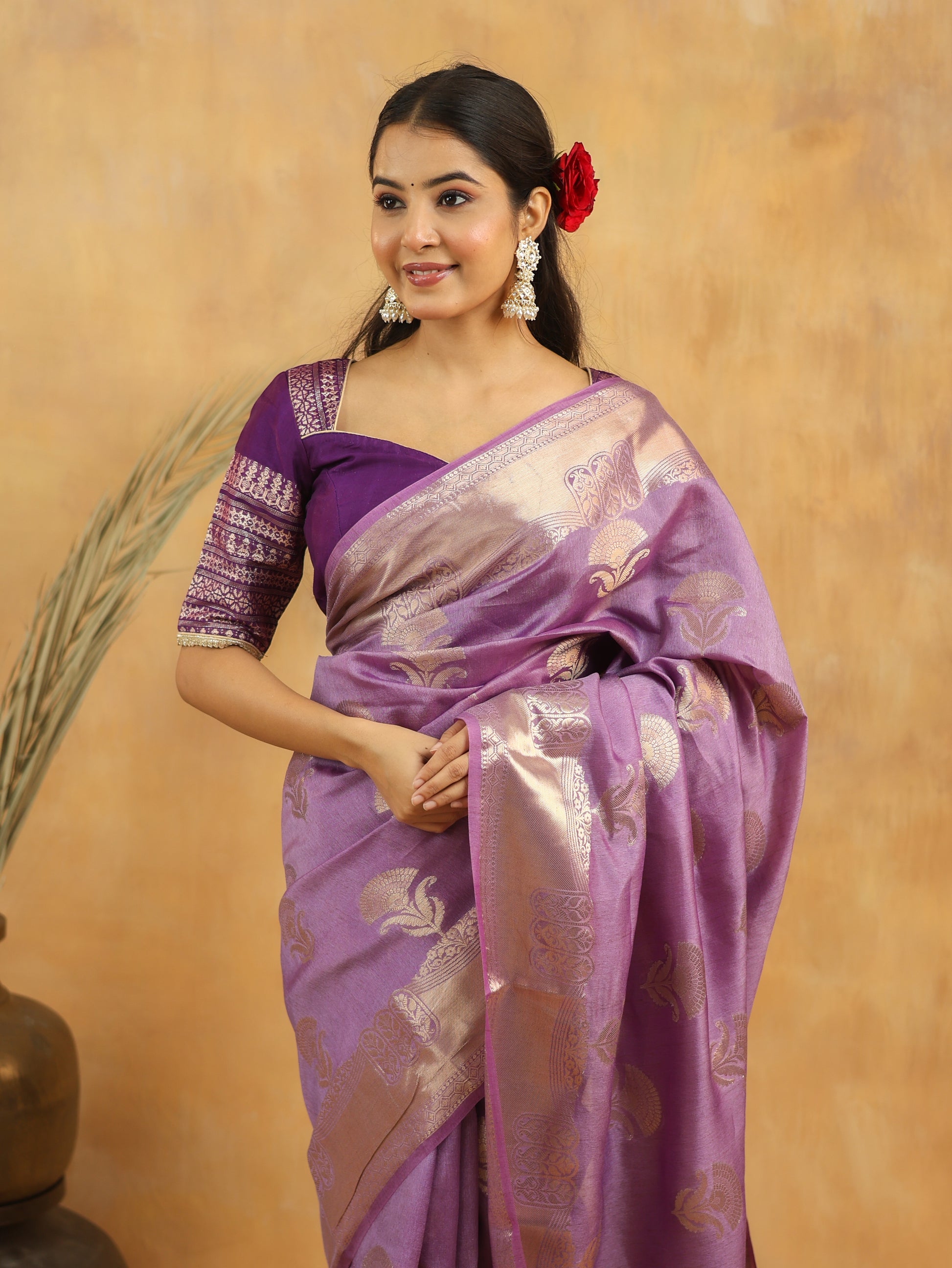 Lavender Purple Pure Tussar Silk Saree with Antique Zari Motifs & Contrast Border
