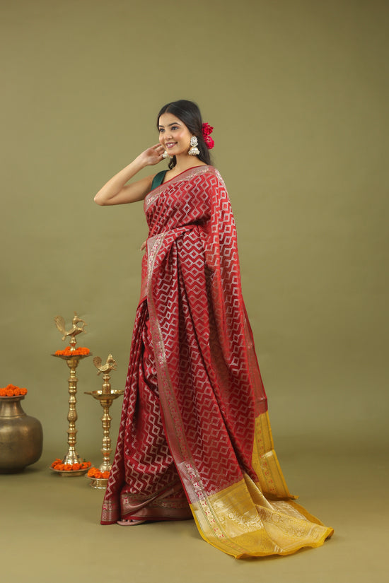 Red-Gold Geometric Pure Tussar Silk Saree with Zari Border