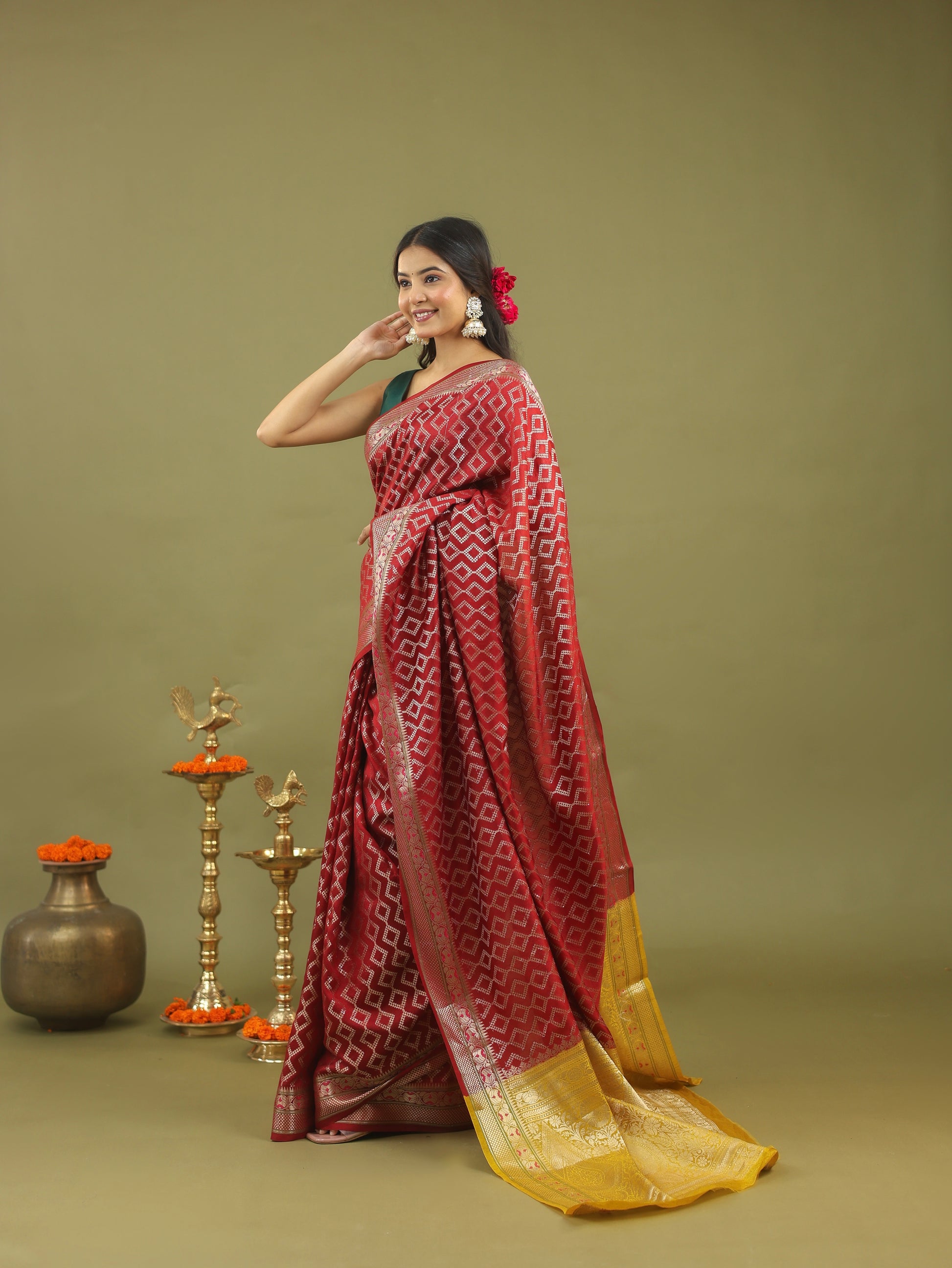 Red-Gold Geometric Pure Tussar Silk Saree with Zari Border