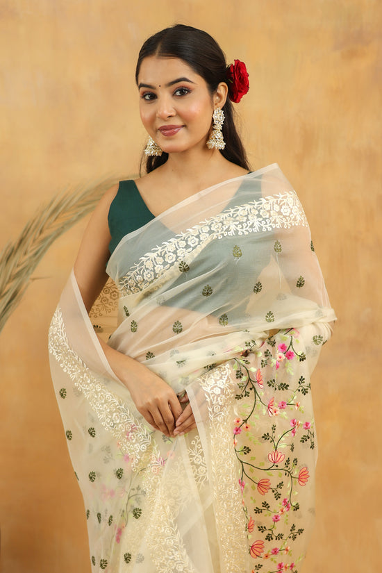 White Blossom Embroidered Organza Saree
