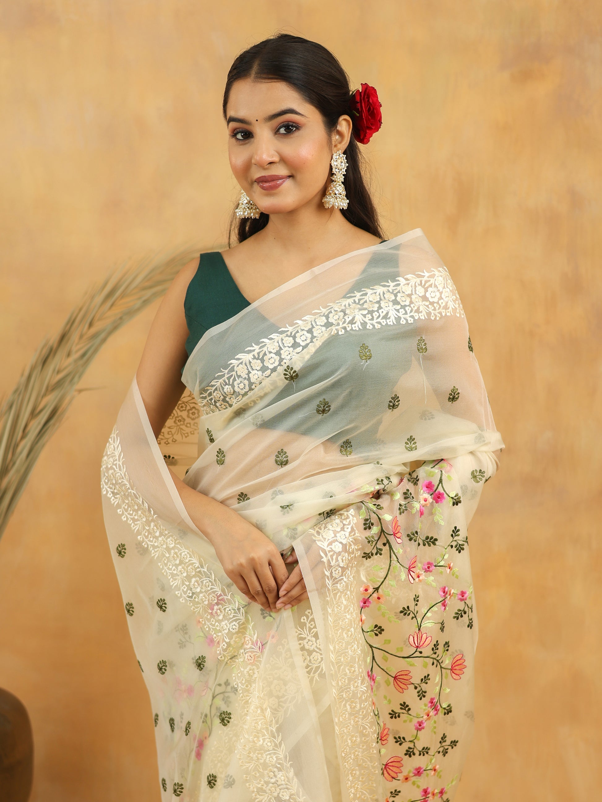 White Blossom Embroidered Organza Saree
