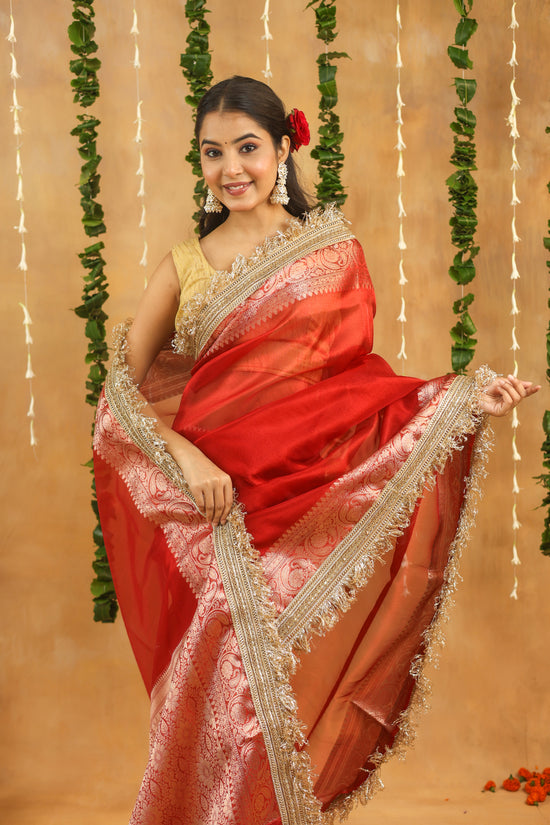 Radiant Red Banarasi Tissue Silk Saree with Intricate Gota Patti Work