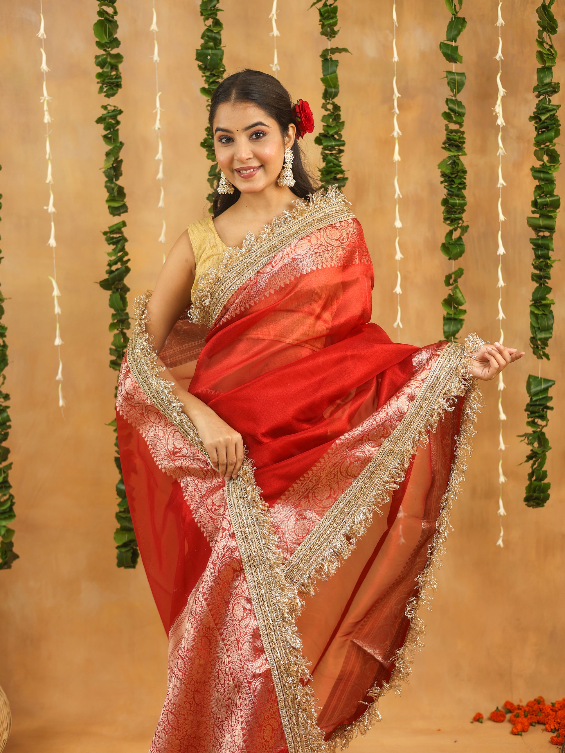 Radiant Red Banarasi Tissue Silk Saree with Intricate Gota Patti Work