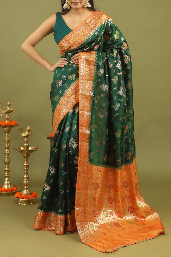 Emerald Green Pure Dupion Silk Saree with Antique Gold Zari Border