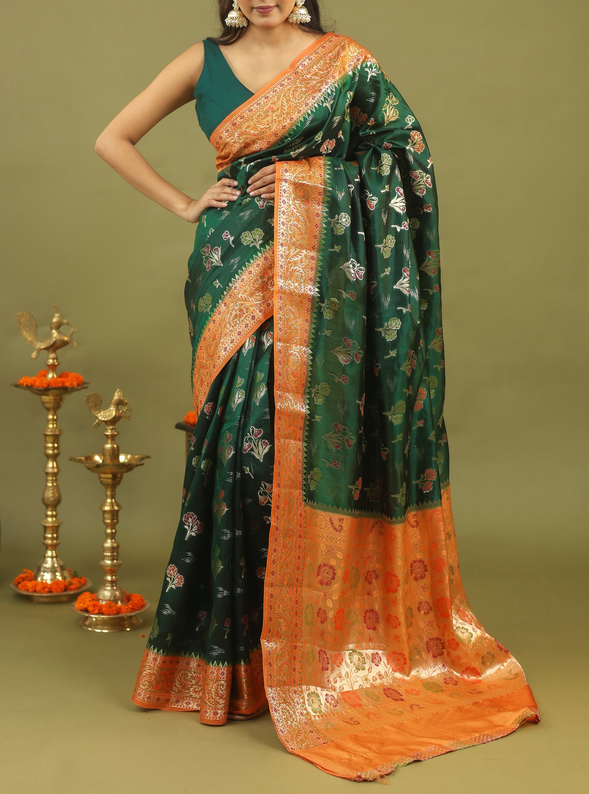 Emerald Green Pure Dupion Silk Saree with Antique Gold Zari Border