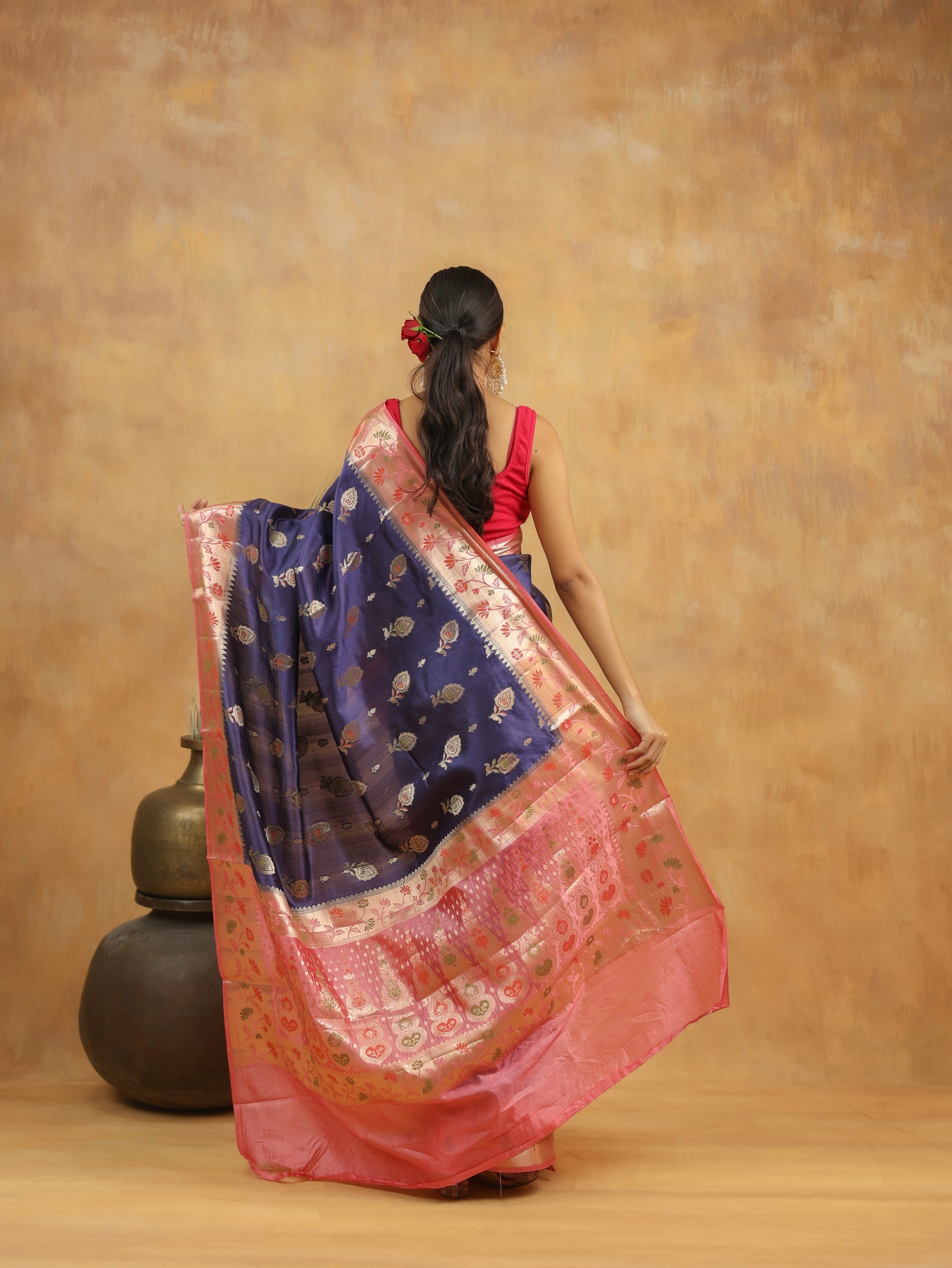 Navy Blue with Peach-Pink border Banarasi Dupion Silk
Saree with Zari & Floral Motifs