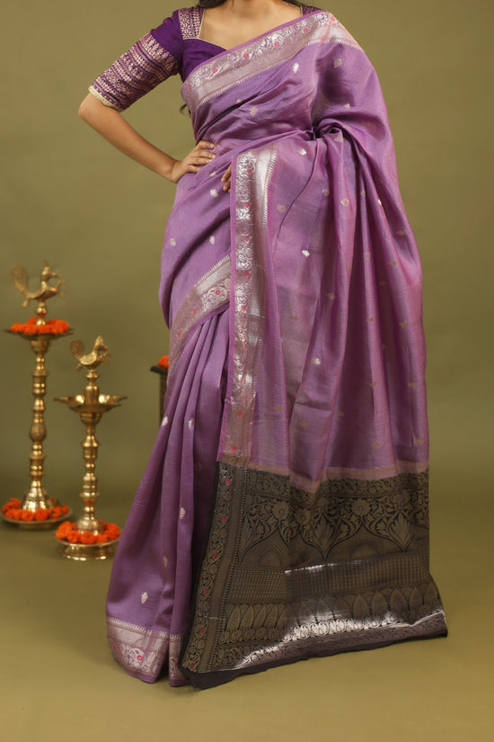 Lavender Pure Tussar Silk Saree with Silver & Black Zari Border