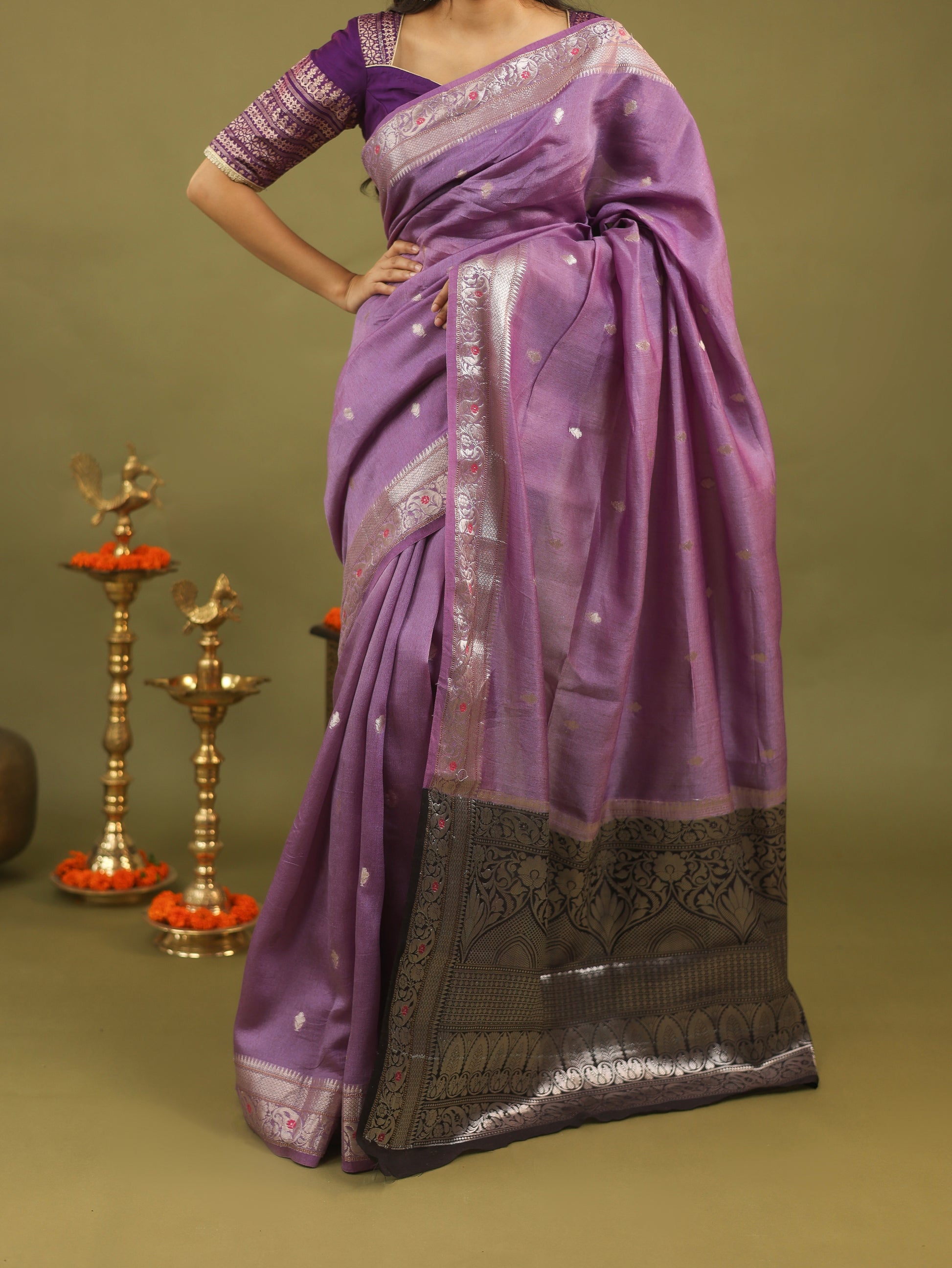 Lavender Pure Tussar Silk Saree with Silver & Black Zari Border