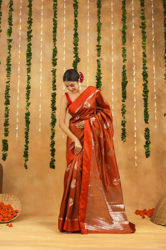 Rust Brown Pure Viscose Silk saree with Silver Zari motifs