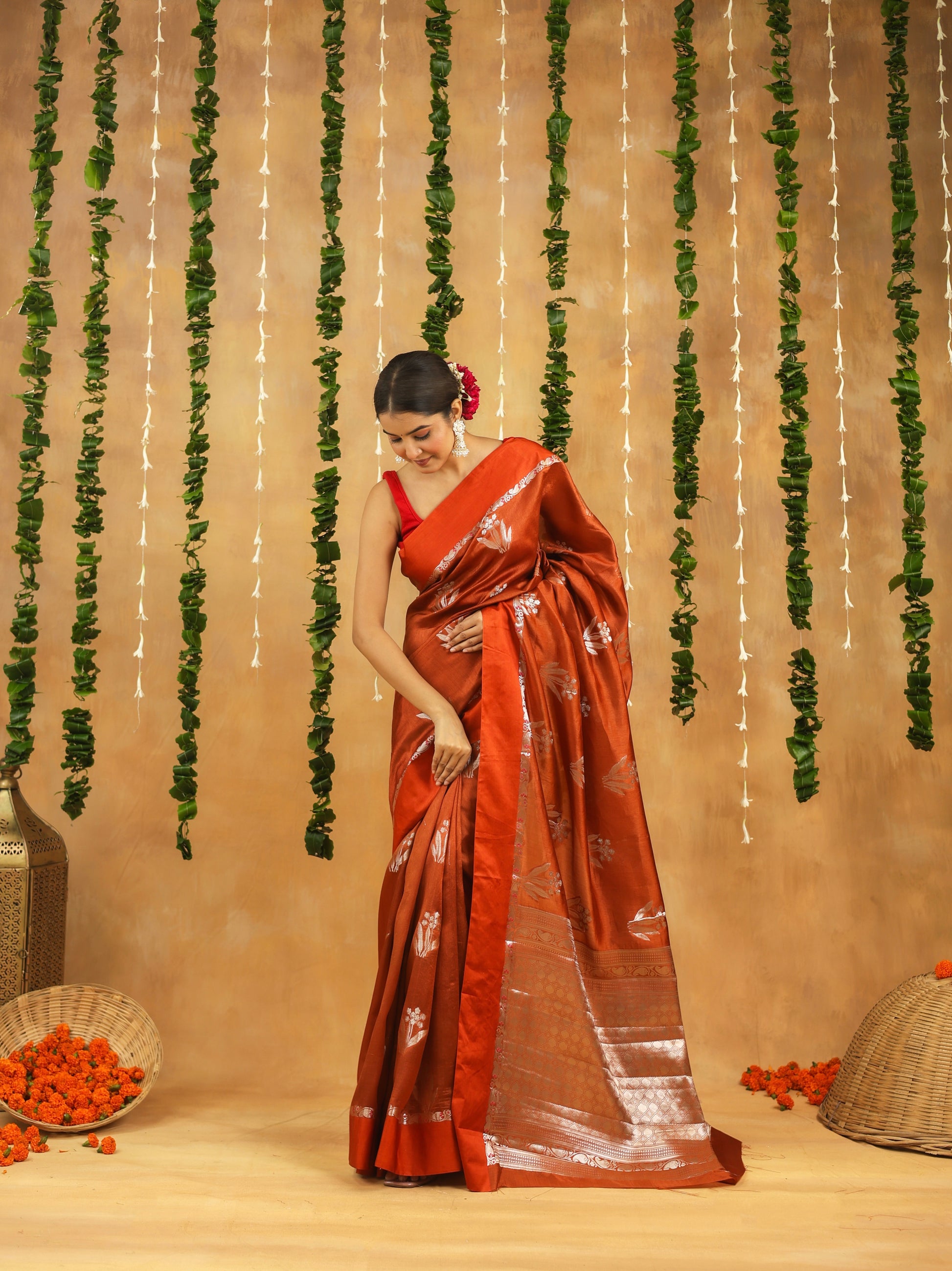 Rust Brown Pure Viscose Silk saree with Silver Zari motifs