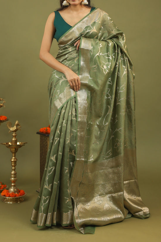 Sage Green Pure Tussar Silk Saree with Silver Floral Zari Motifs & Border