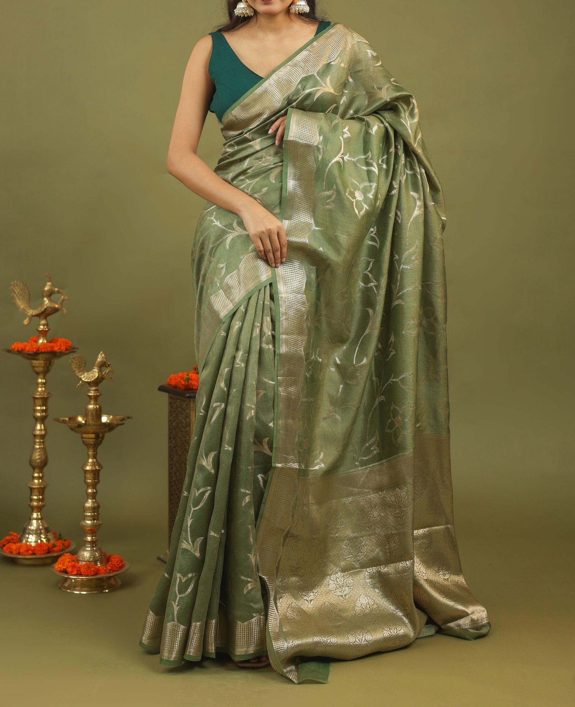 Sage Green Pure Tussar Silk Saree with Silver Floral Zari Motifs & Border
