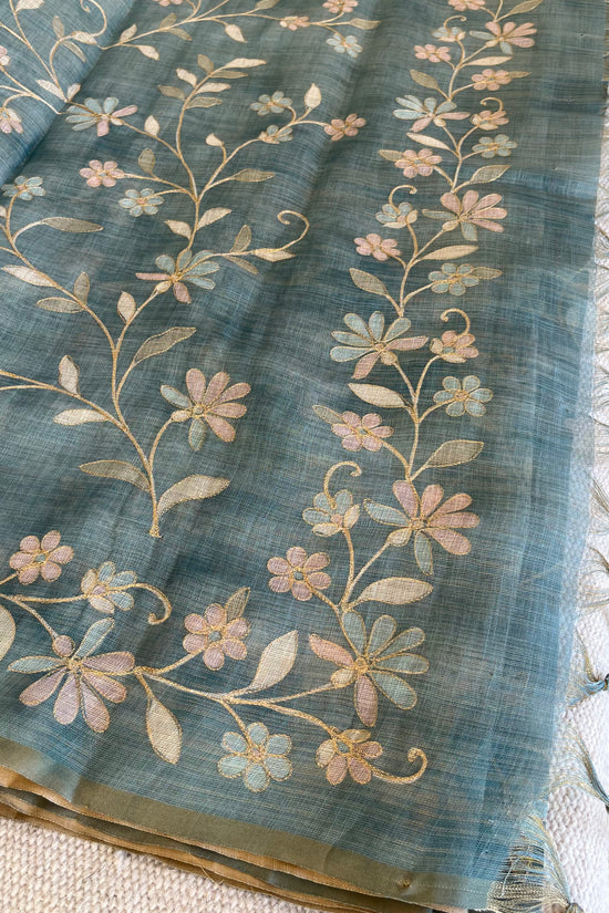 Tissue Linen Saree with Painted Florals & Delicate Aari Work- blue
