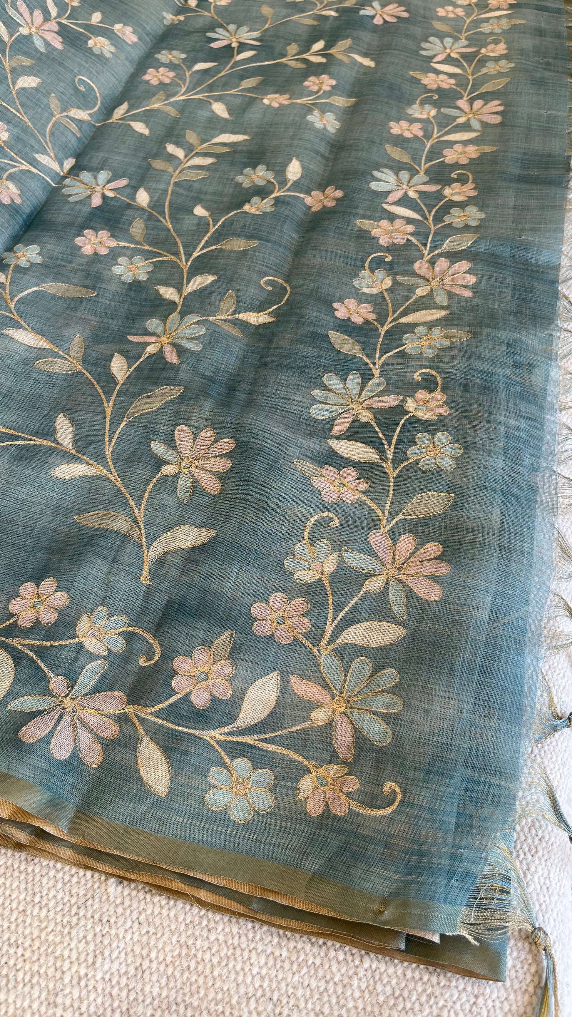 Tissue Linen Saree with Painted Florals & Delicate Aari Work- blue