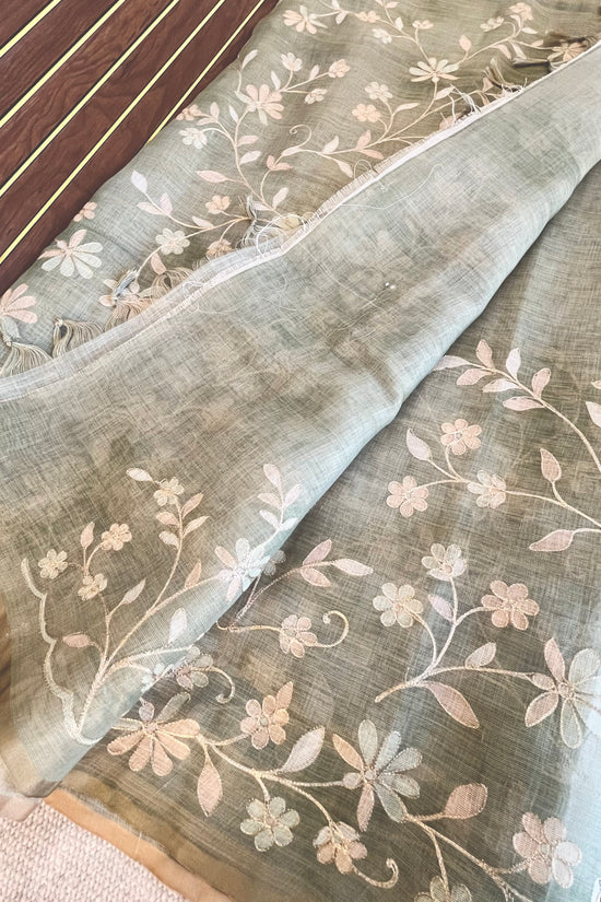 Tissue Linen Saree with Painted Florals & Delicate Aari Work- Parrot Green