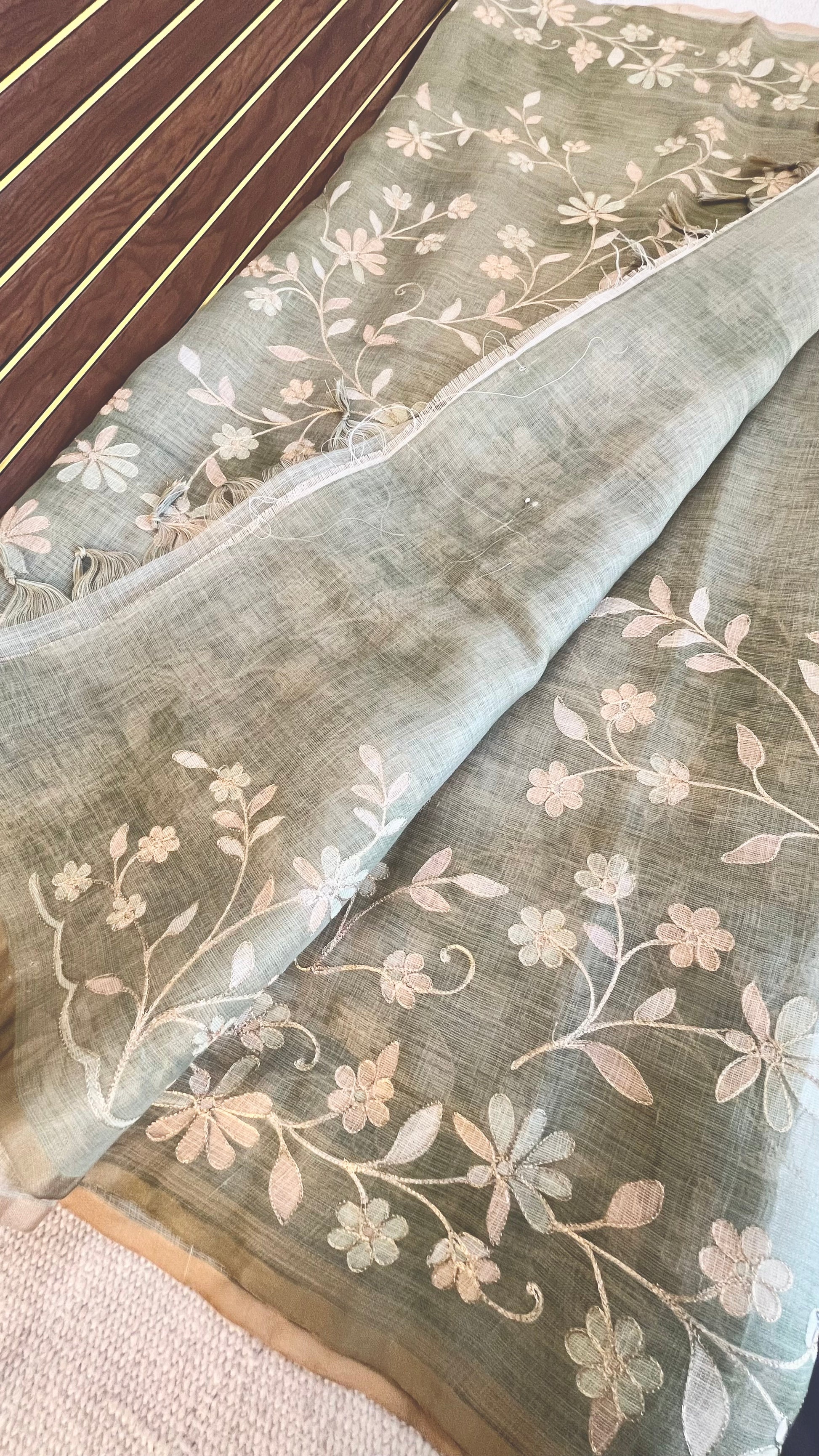 Tissue Linen Saree with Painted Florals & Delicate Aari Work- Parrot Green
